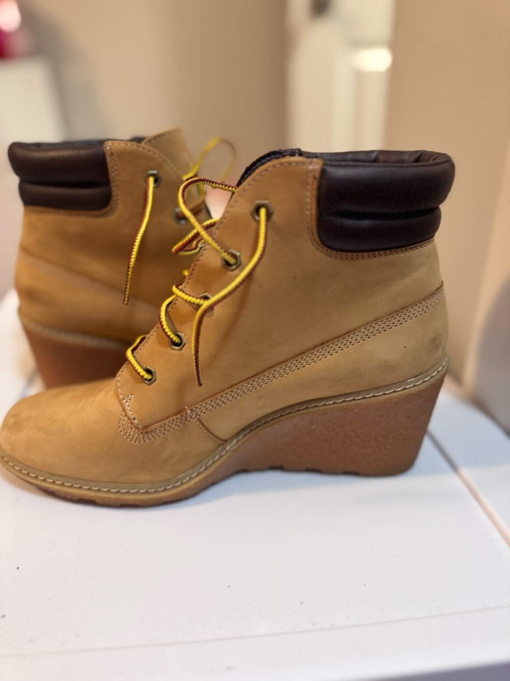 Timberland Wheat Suede Wedge Boot with Dark Collar